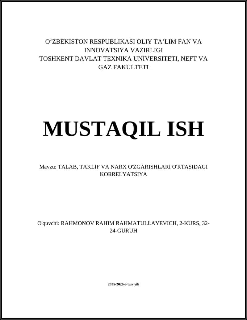 TALAB, TAKLIF VA NARX O'ZGARISHLARI O'RTASIDAGI KORRELYATSIYA 1