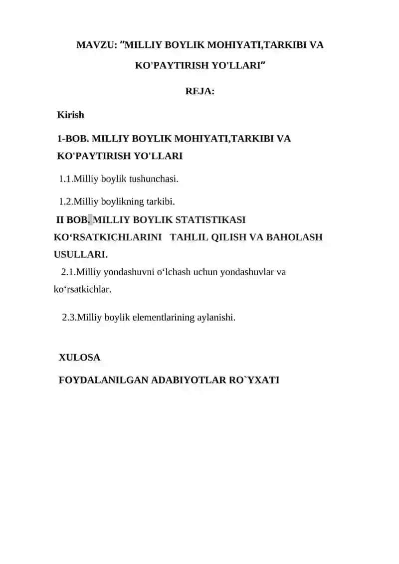 Milliy boylik mohiyati, tarkibi va ko'paytirish yo'llari