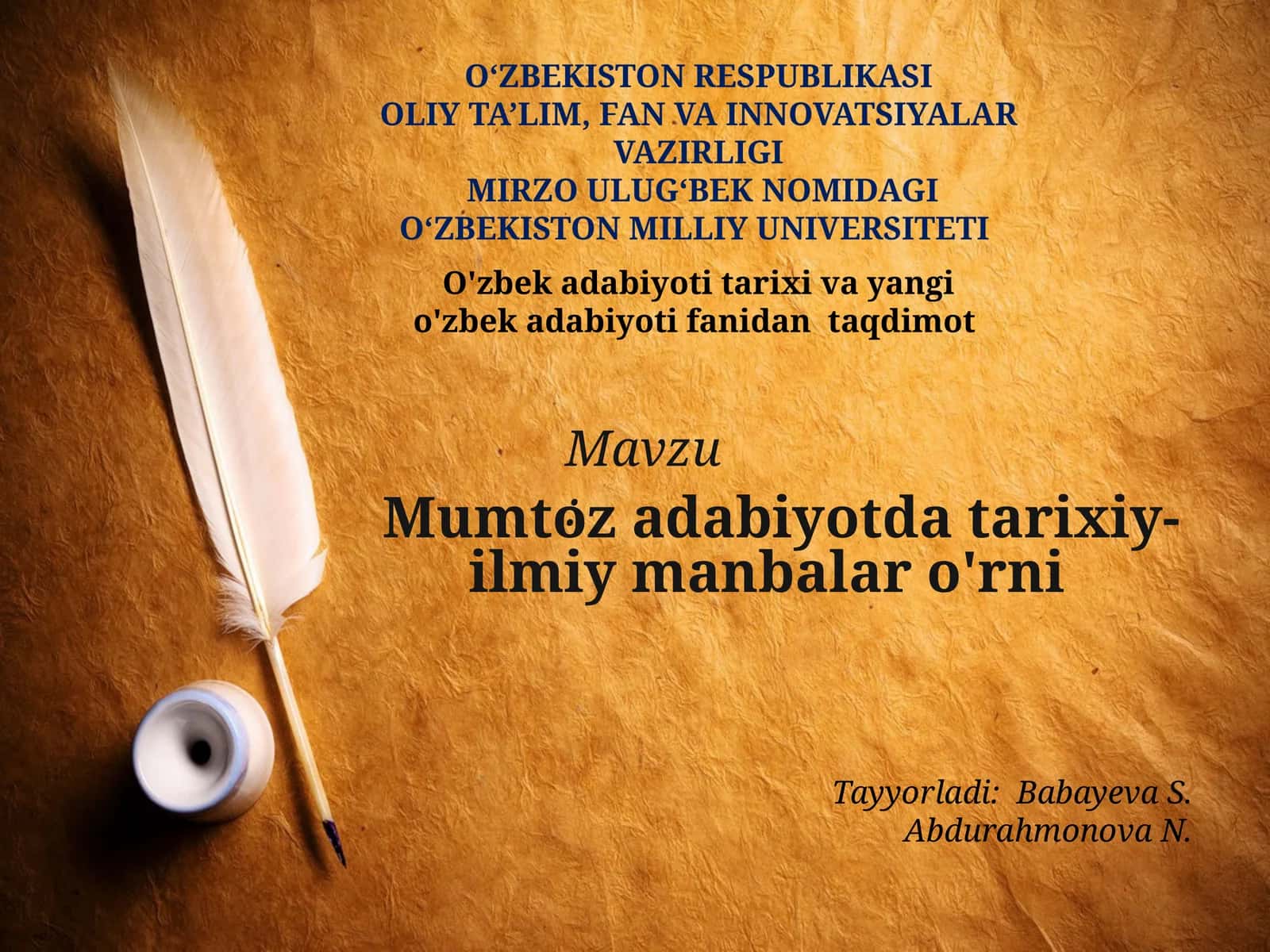 O'zbek adabiyoti tarixi fanidan mustaqil ish uchun slayd 1