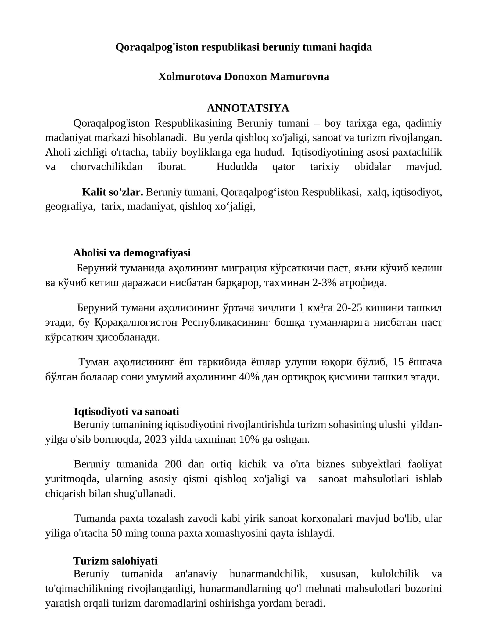 Qoraqalpog'iston respublikasi beruniy tumani haqida 1