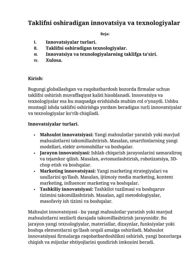 Taklifni oshiradigan innovatsiya va texnologiyalar