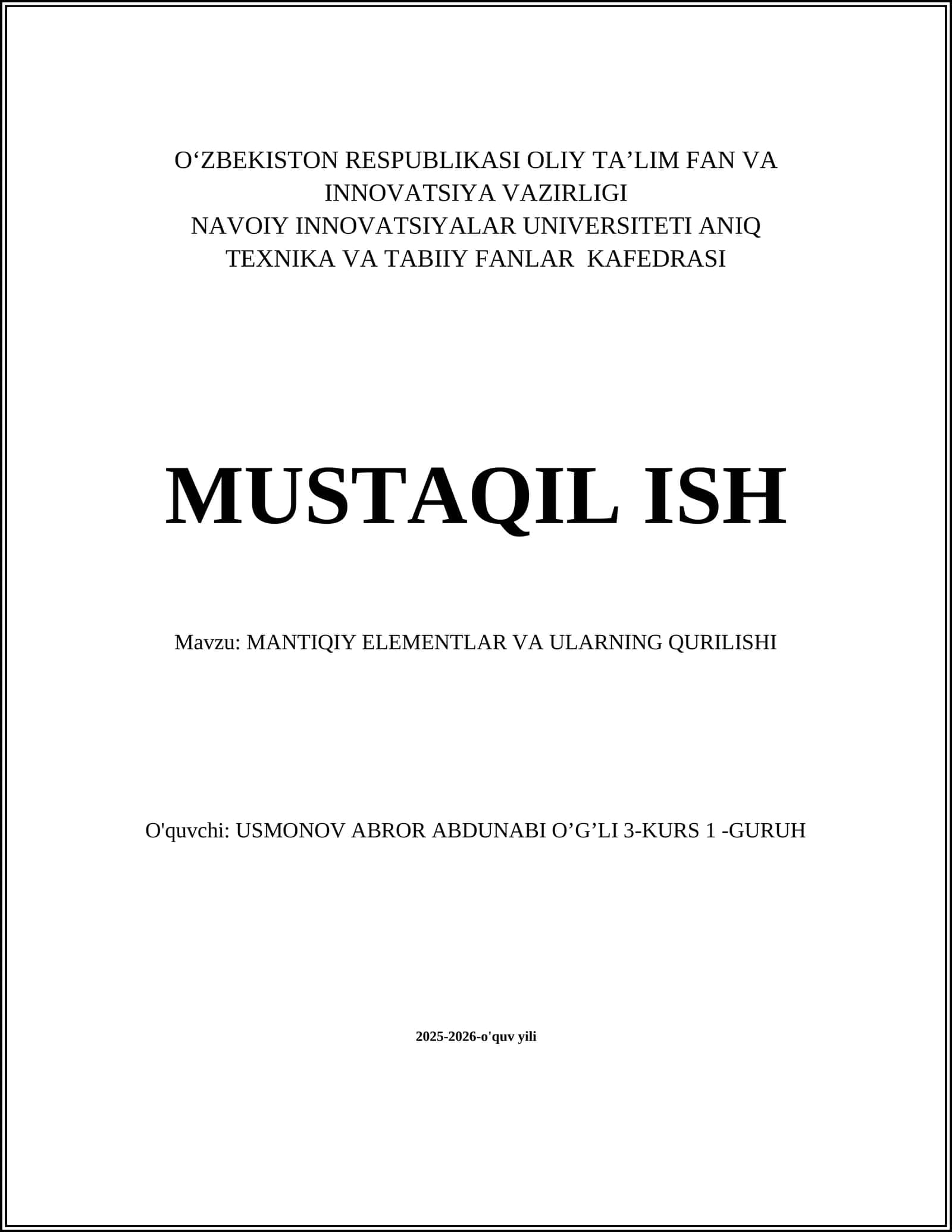 MANTIQIY ELEMENTLAR VA ULARNING QURILISHI 1