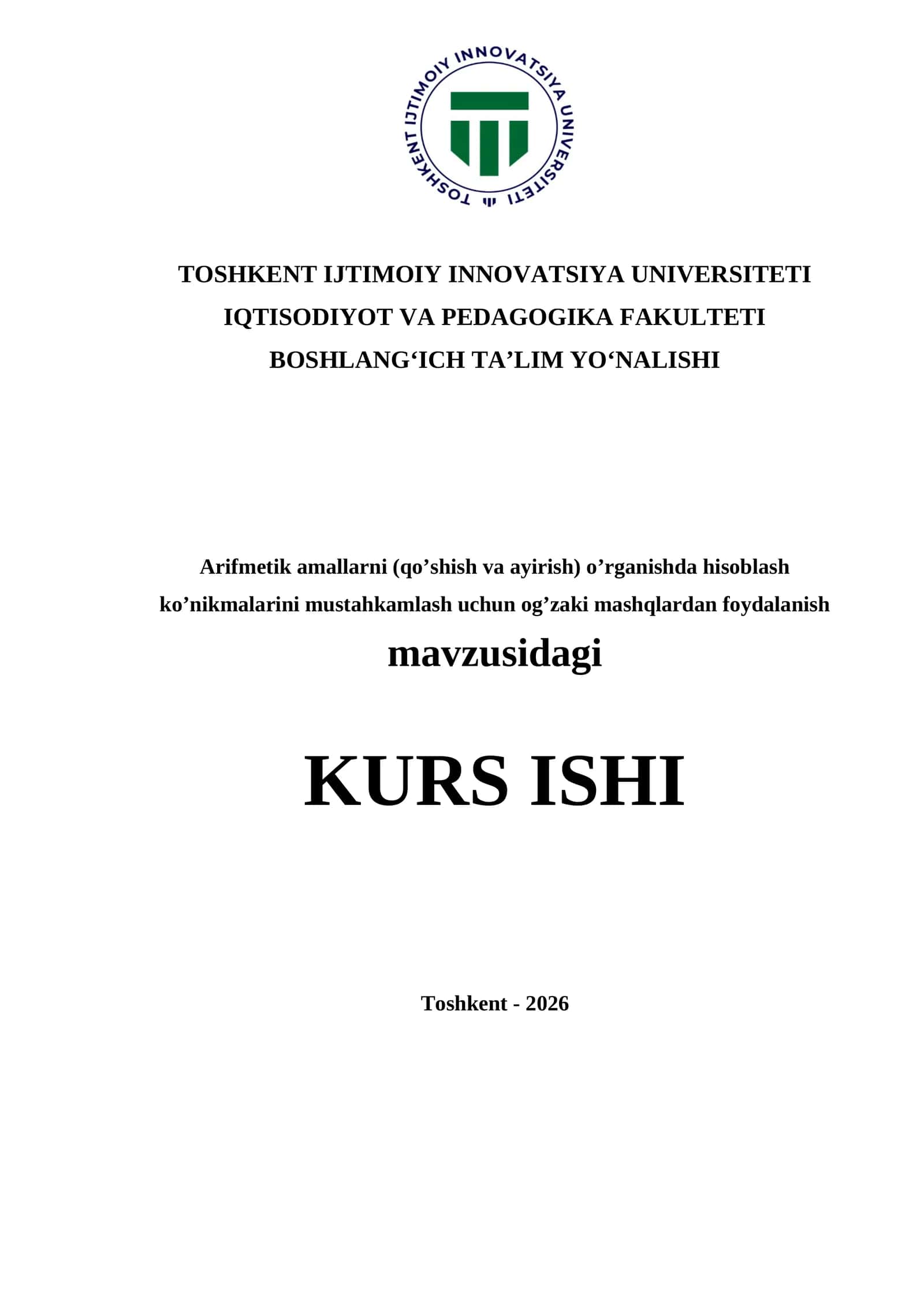 Arifmetik amallarni (qo’shish va ayirish) o’rganishda hisoblash ko’nikmalarini mustahkamlash uchun og’zaki mashqlardan foydalanish 1