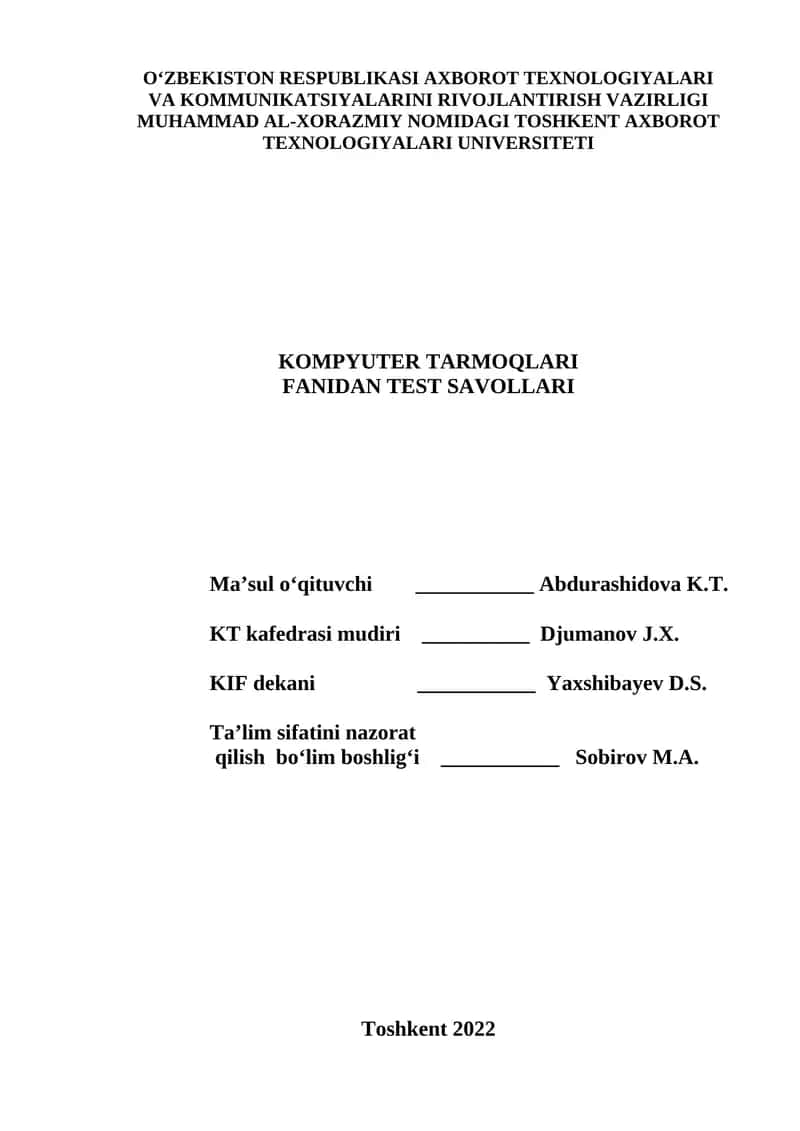 KOMPYUTER TARMOQLARI FANIDAN TEST SAVOLLARI 1