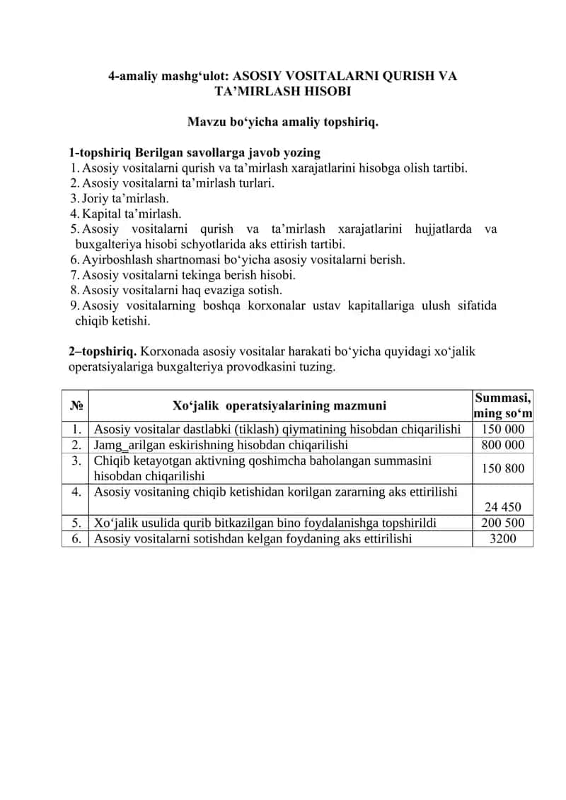 ASOSIY VOSITALARNI QURISH VA TA’MIRLASH HISOBI 1