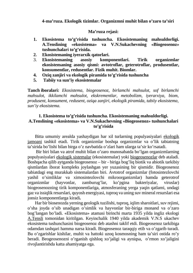 Ekologik tizimlar 1