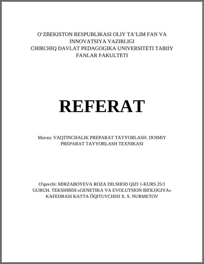 VAQTINCHALIK PREPARAT TAYYORLASH. DOIMIY PREPARAT TAYYORLASH TEXNIKASI 1