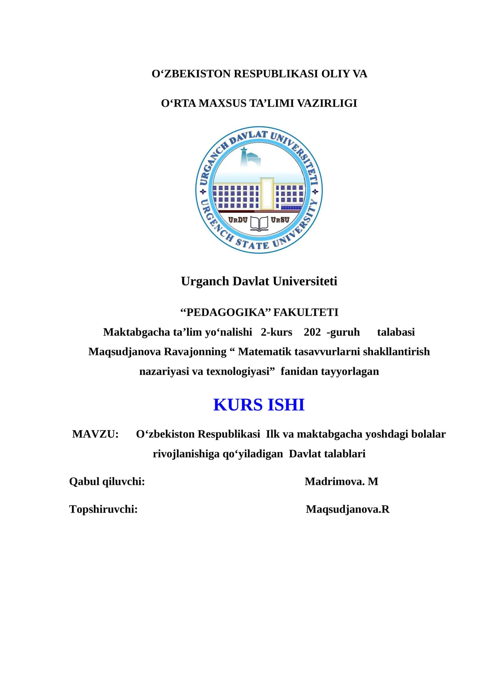 O‘zbekiston Respublikasi Ilk va maktabgacha yoshdagi bolalar rivojlanishiga qo‘yiladigan Davlat talablari 1