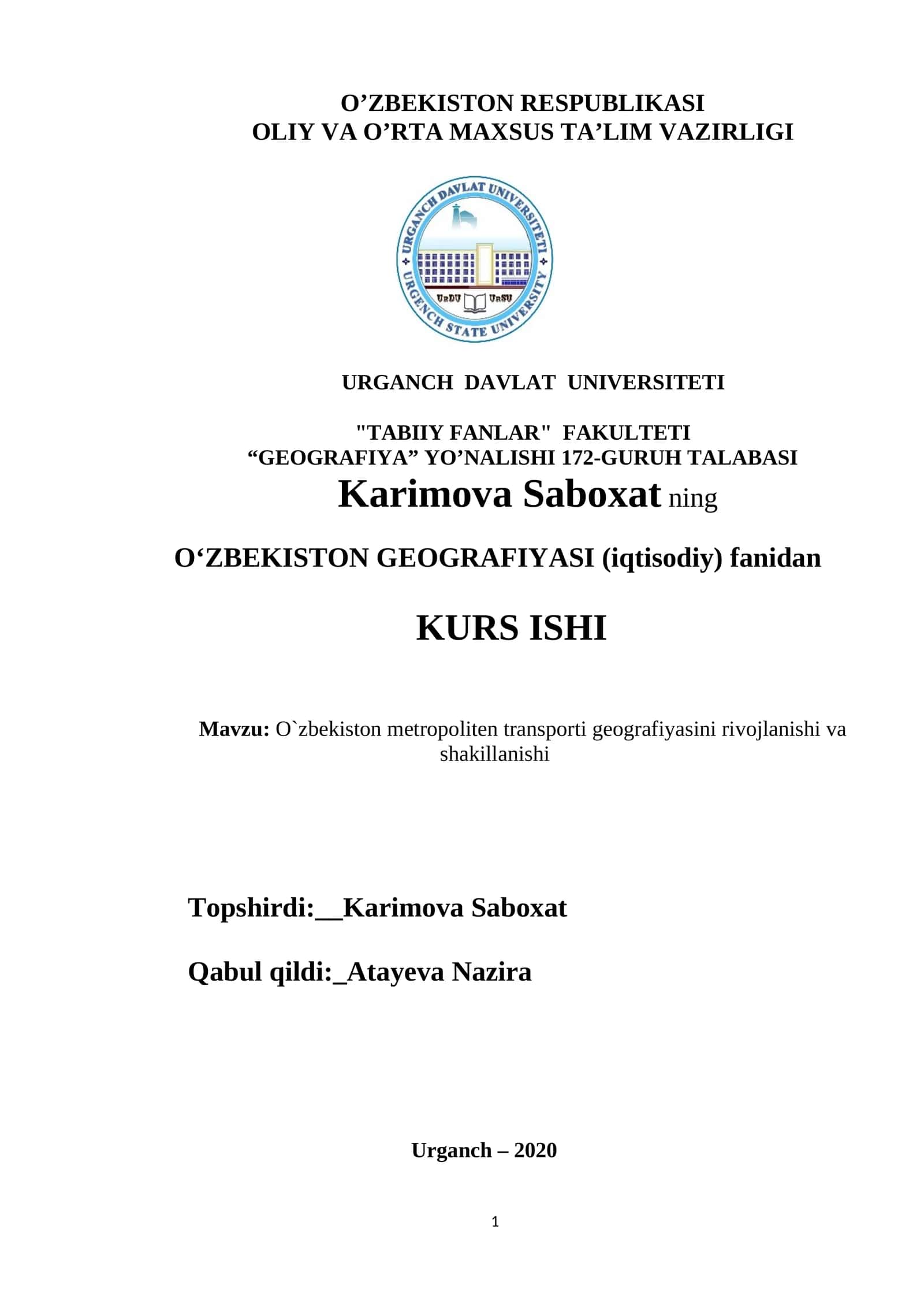 O'zbekiston metropoliten transporti geografiyasini rivojlanishi va shakillanishi 1