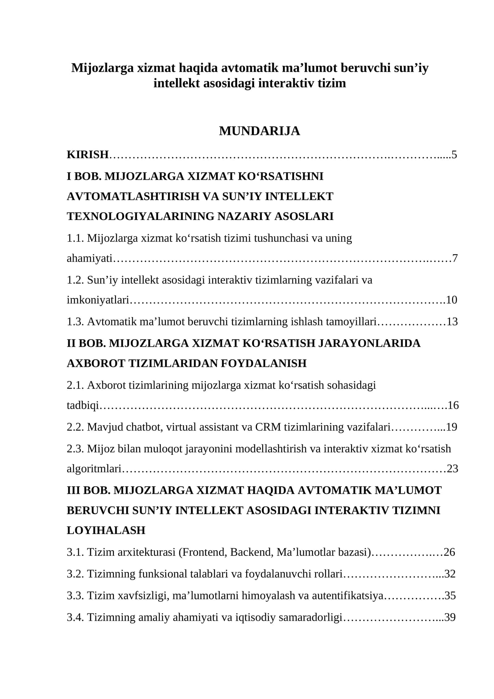 Mijozlarga xizmat haqida avtomatik ma’lumot beruvchi sun’iy intellekt asosidagi interaktiv tizim 1