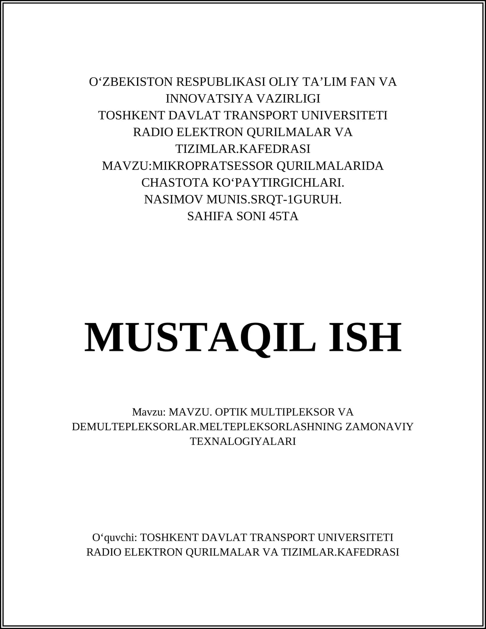 MAVZU: MIKROPRATSESSOR QURILMALARIDA CHASTOTA KO‘PAYTIRGICHLARI 1