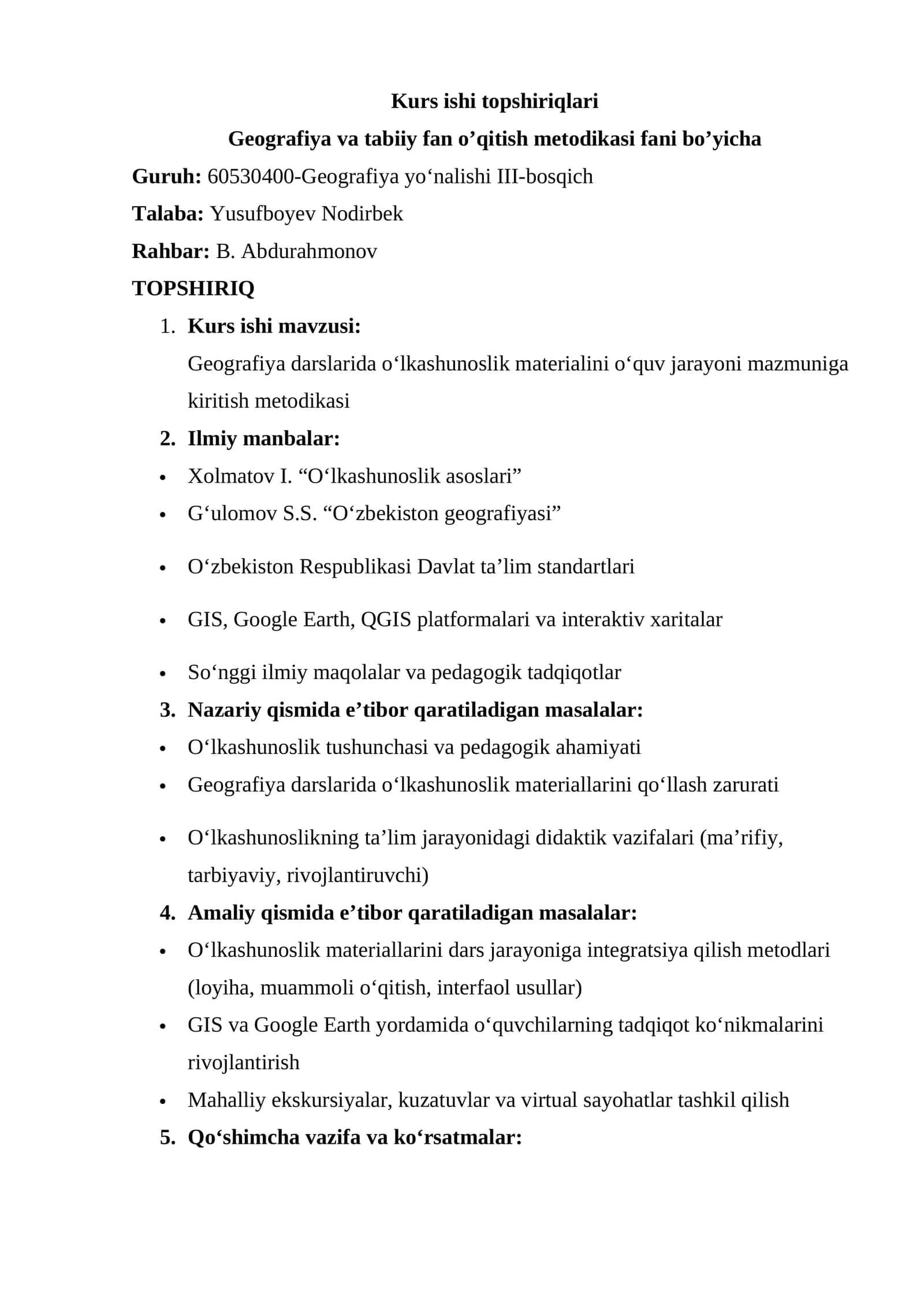 Geografiya va tabiiy fan o’qitish metodikasi fani bo’yicha 1