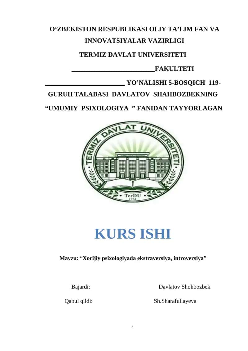 "Xorijiy psixologiyada ekstravеrsiya, introvеrsiya" 1