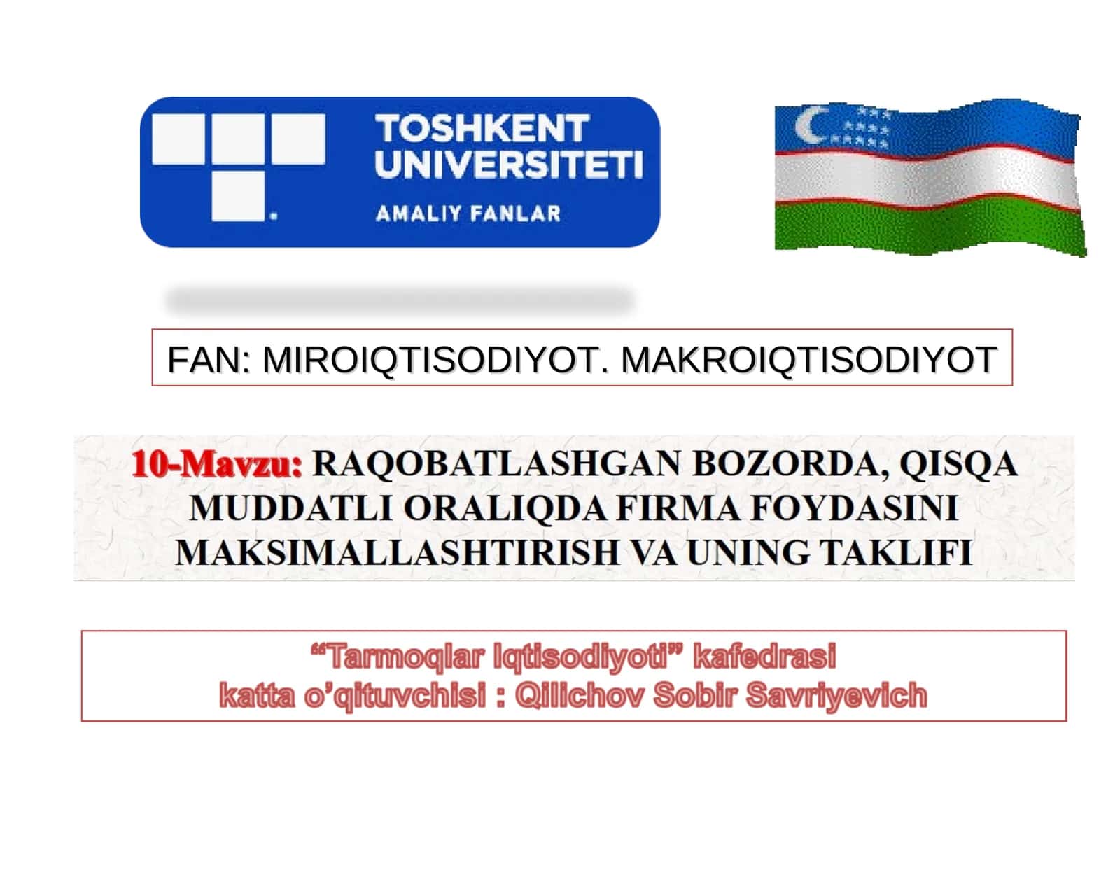 RAQOBATLASHGAN BOZORDA, QISQA MUDDATLI ORALIQDA FIRMA FOYDASINIMAKSIMALLASHTIRISH VA UNING TAKLIFI 1