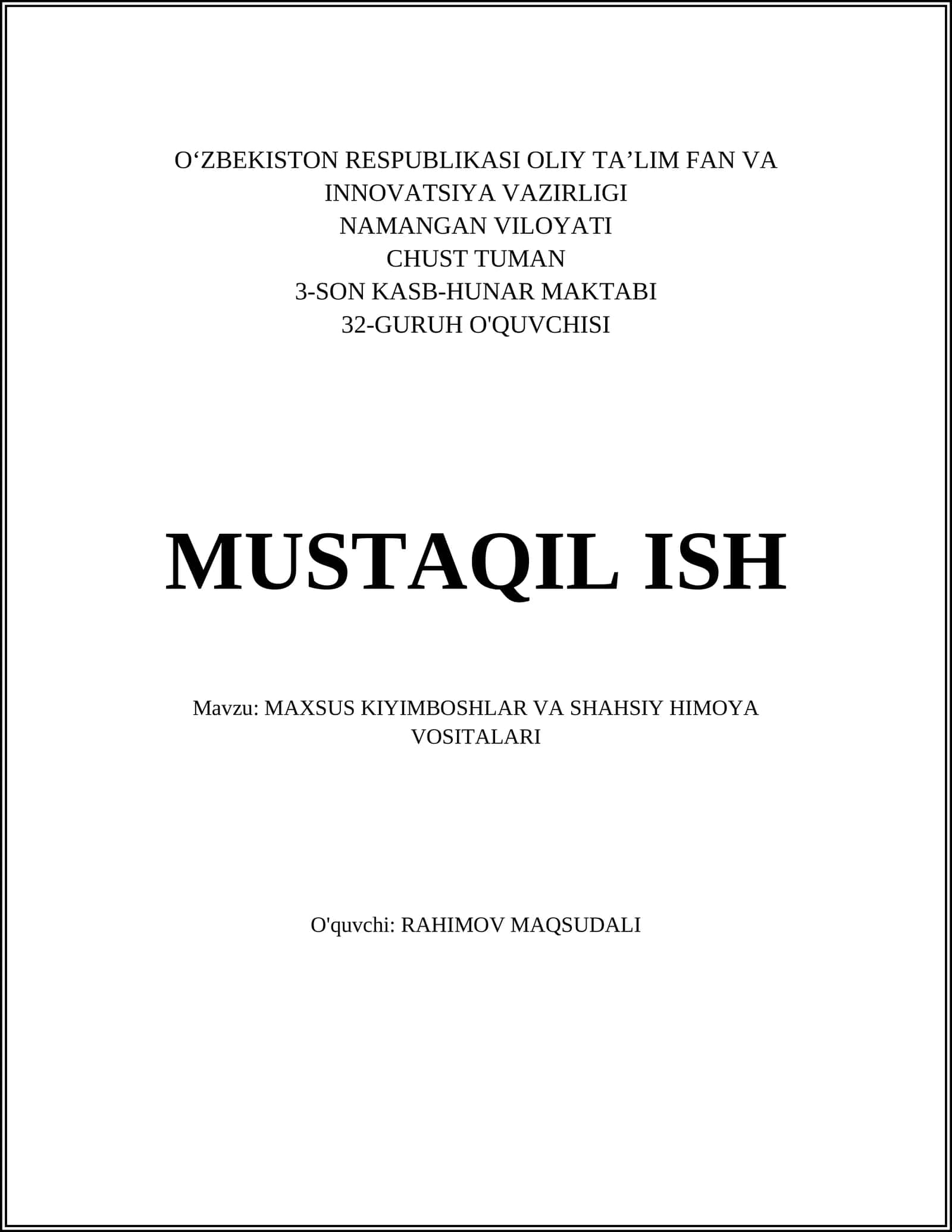 MAXSUS KIYIMBOSHLAR VA SHAHSIY HIMOYA VOSITALARI 1
