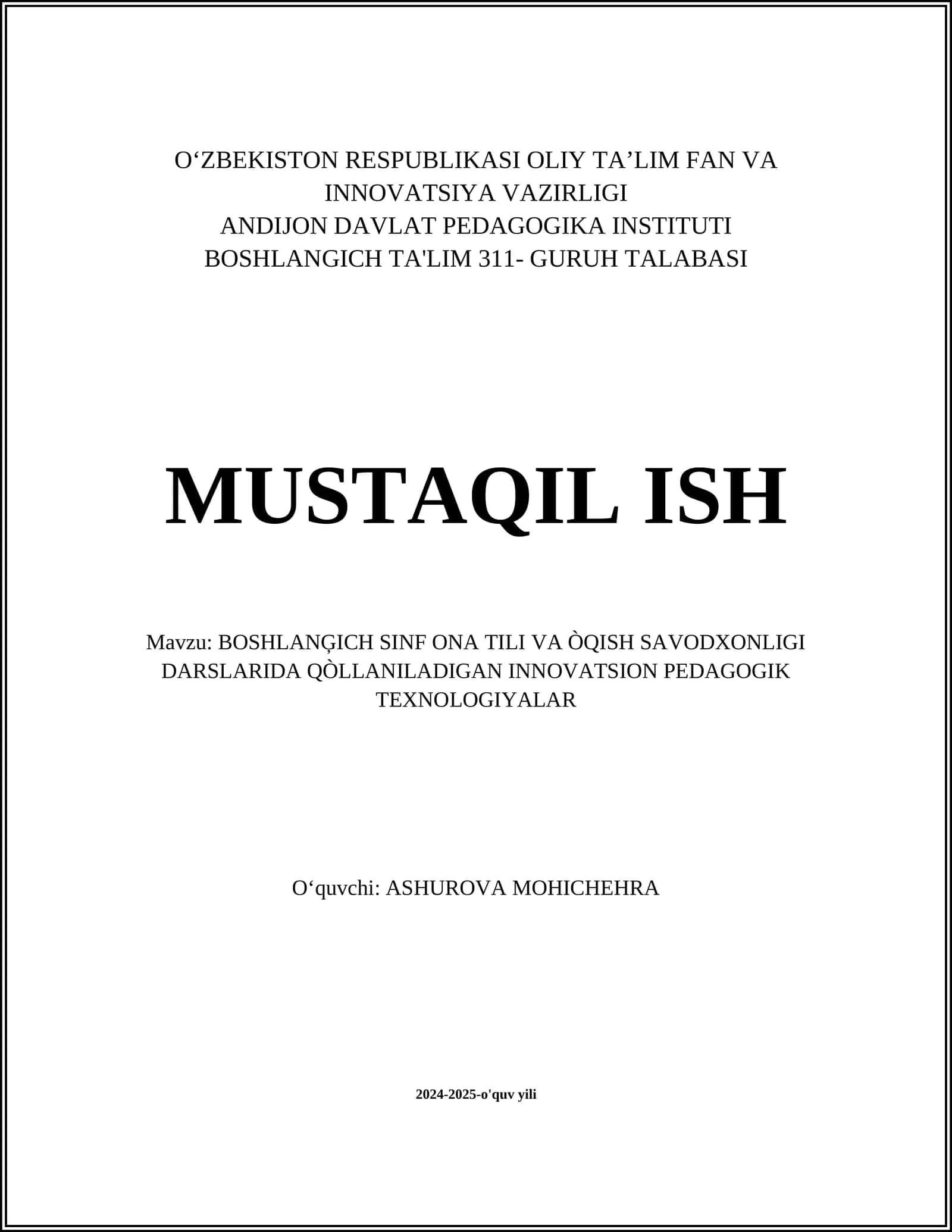 BOSHLANĢICH SINF ONA TILI VA ÒQISH SAVODXONLIGI DARSLARIDA QÒLLANILADIGAN INNOVATSION PEDAGOGIK TEXNOLOGIYALAR 1