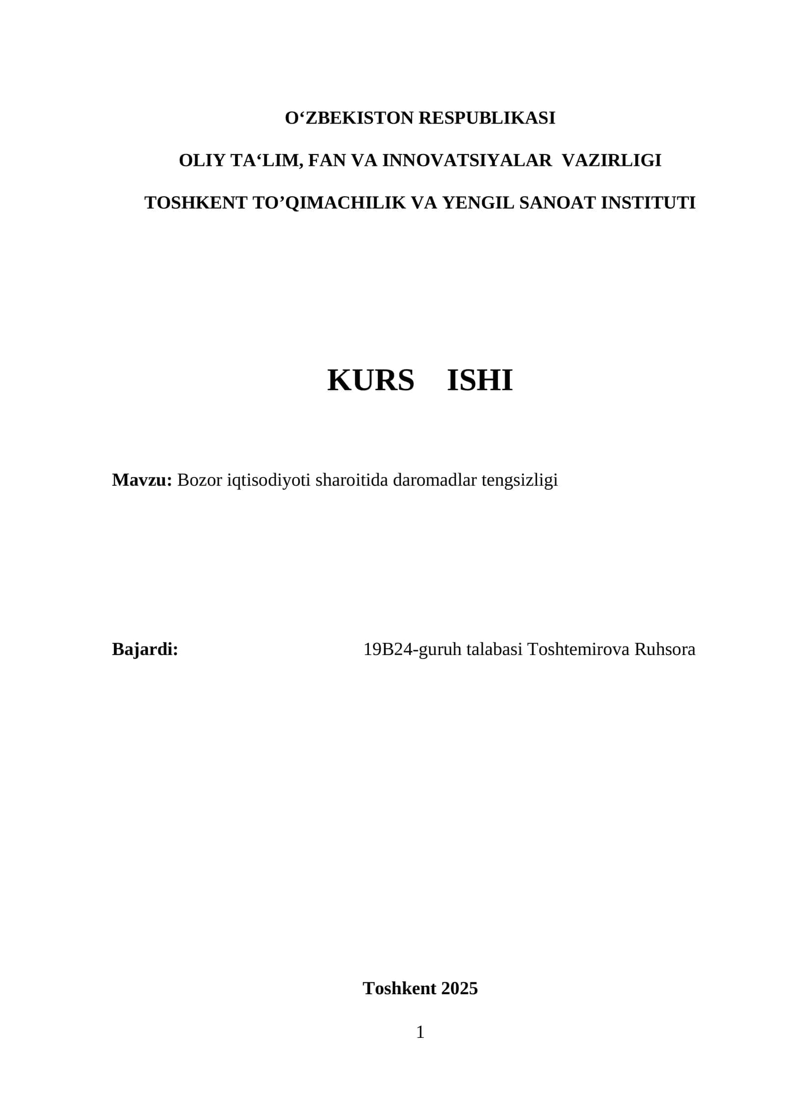 Bozor iqtisodiyoti sharoitida daromadlar tengsizligi 1