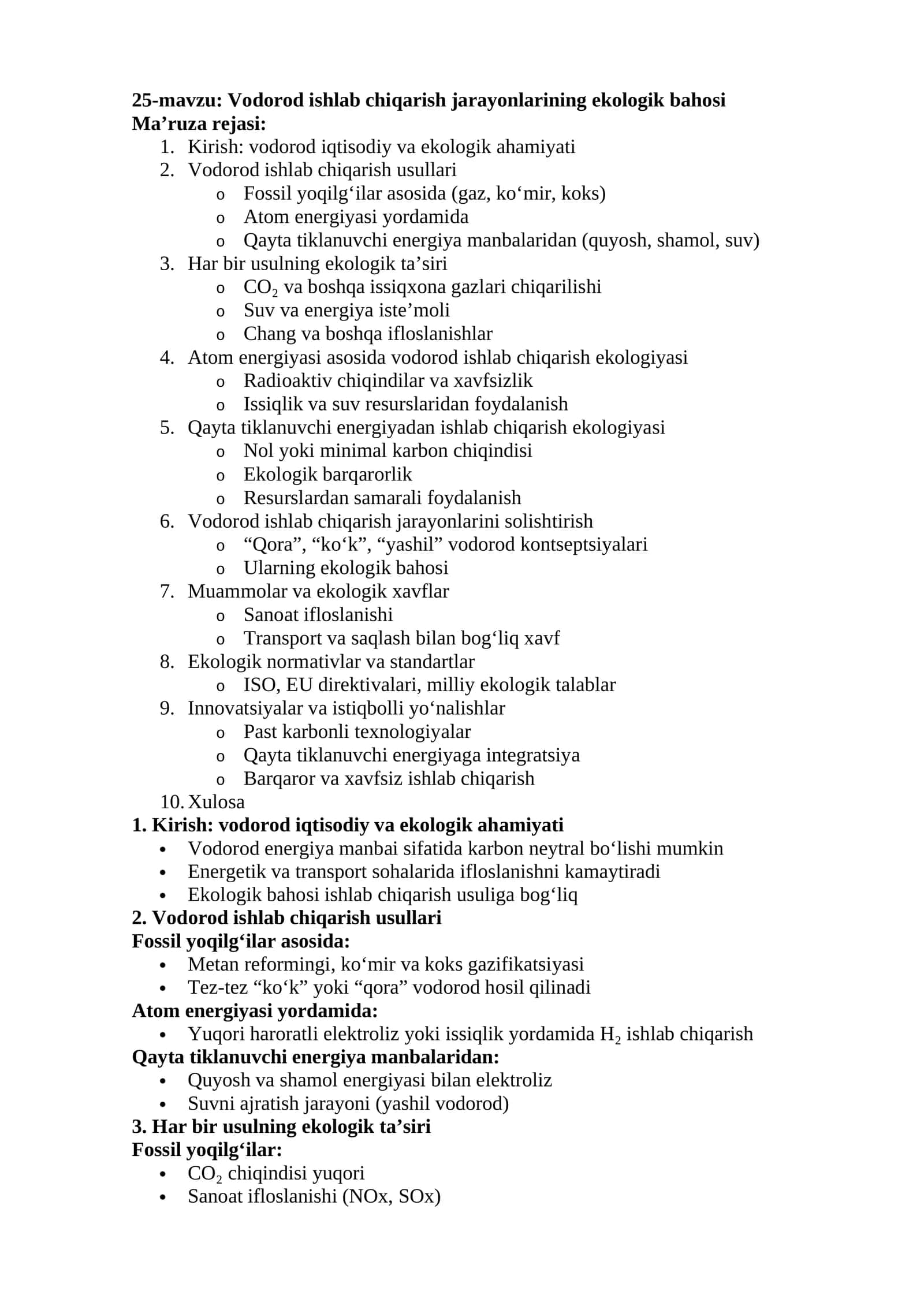 Vodorod ishlab chiqarish jarayonlarining ekologik bahosi 1