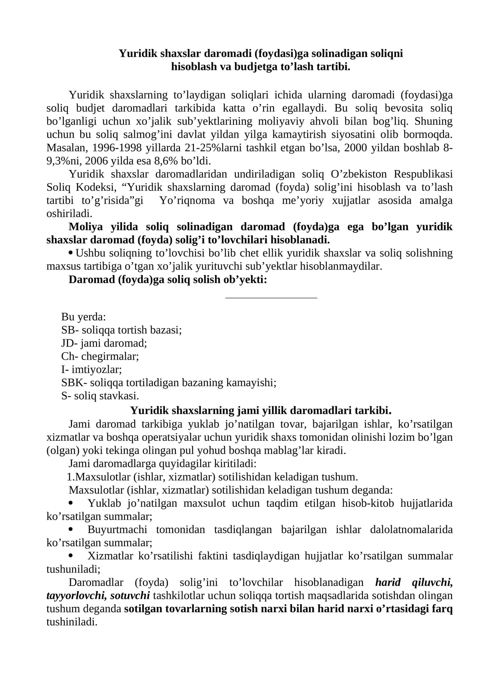 Yuridik shaxslar daromadi (foydasi)ga solinadigan soliqni hisoblash va budjetga to’lash tartibi 1