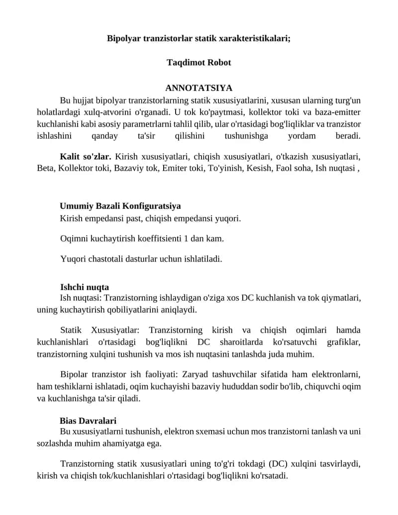 Bipolyar tranzistorlar statik xarakteristikalari 1