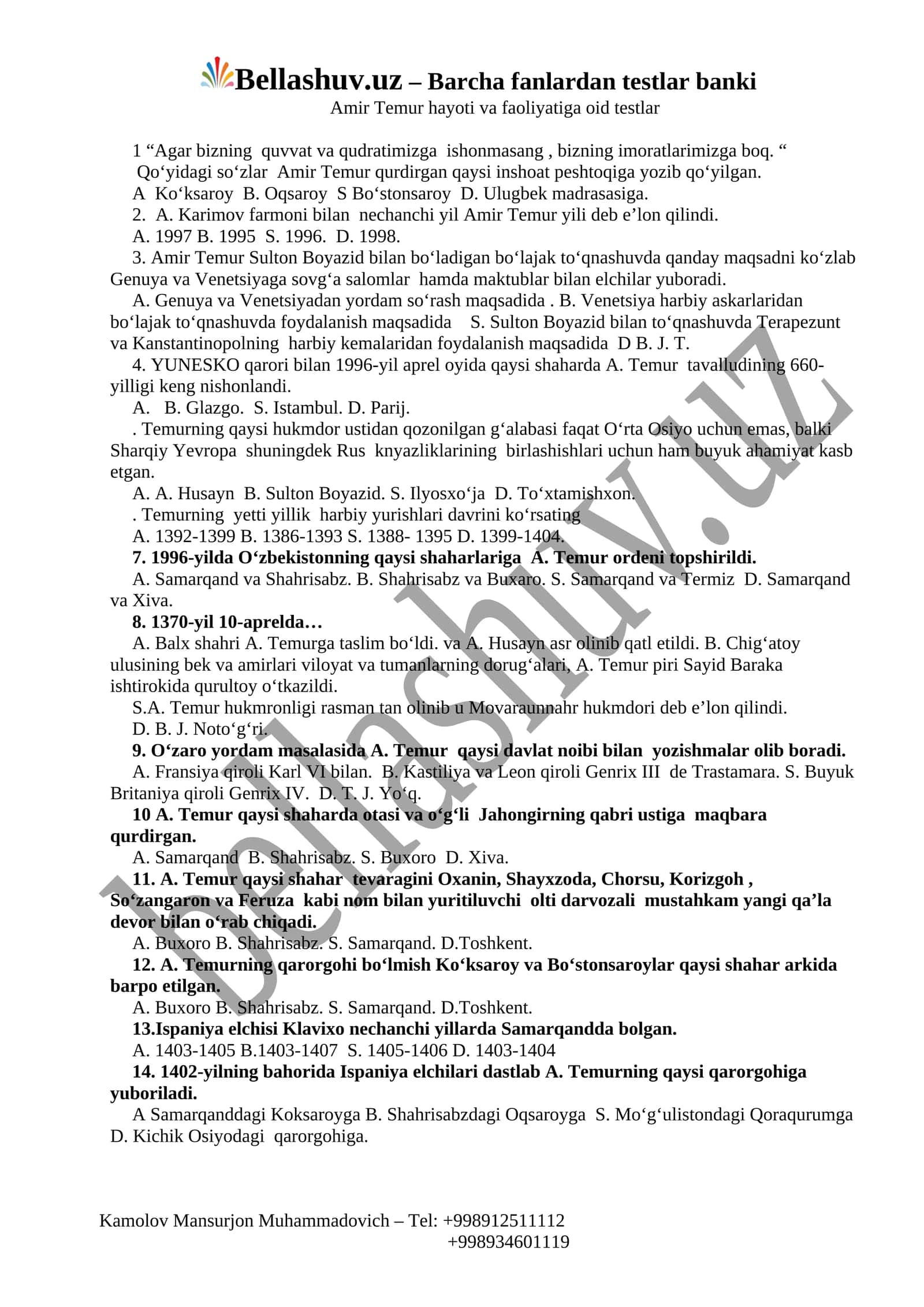 Amir Temur hayoti va faoliyatiga oid testlar 1