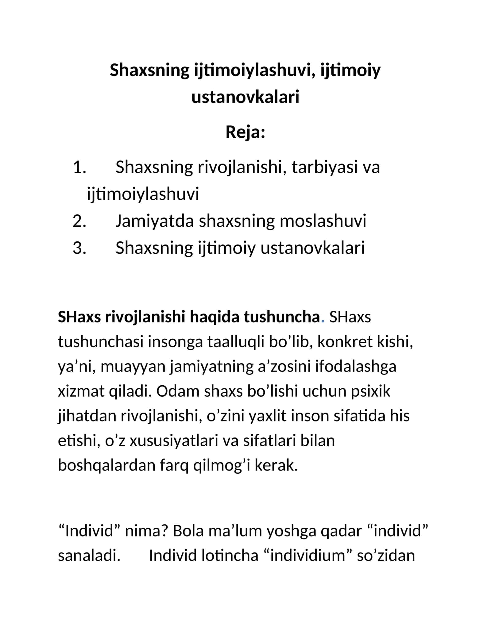 Shaxs rivojlanishi, tarbiyasi va ijtimoiylashuvi 1