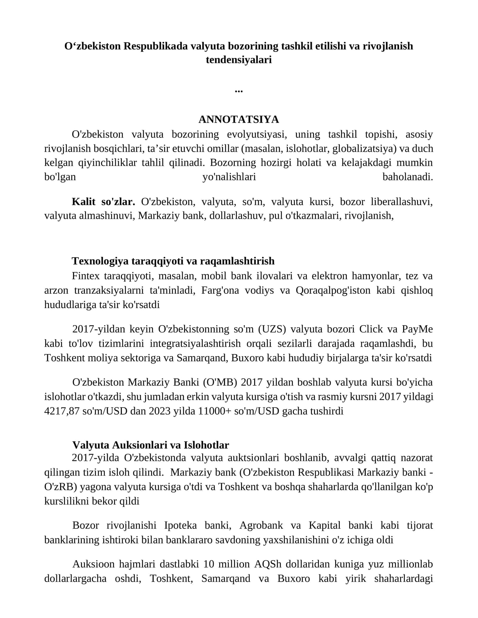 O'zbekiston Valyuta Bozorining Evolyutsiyasi 1