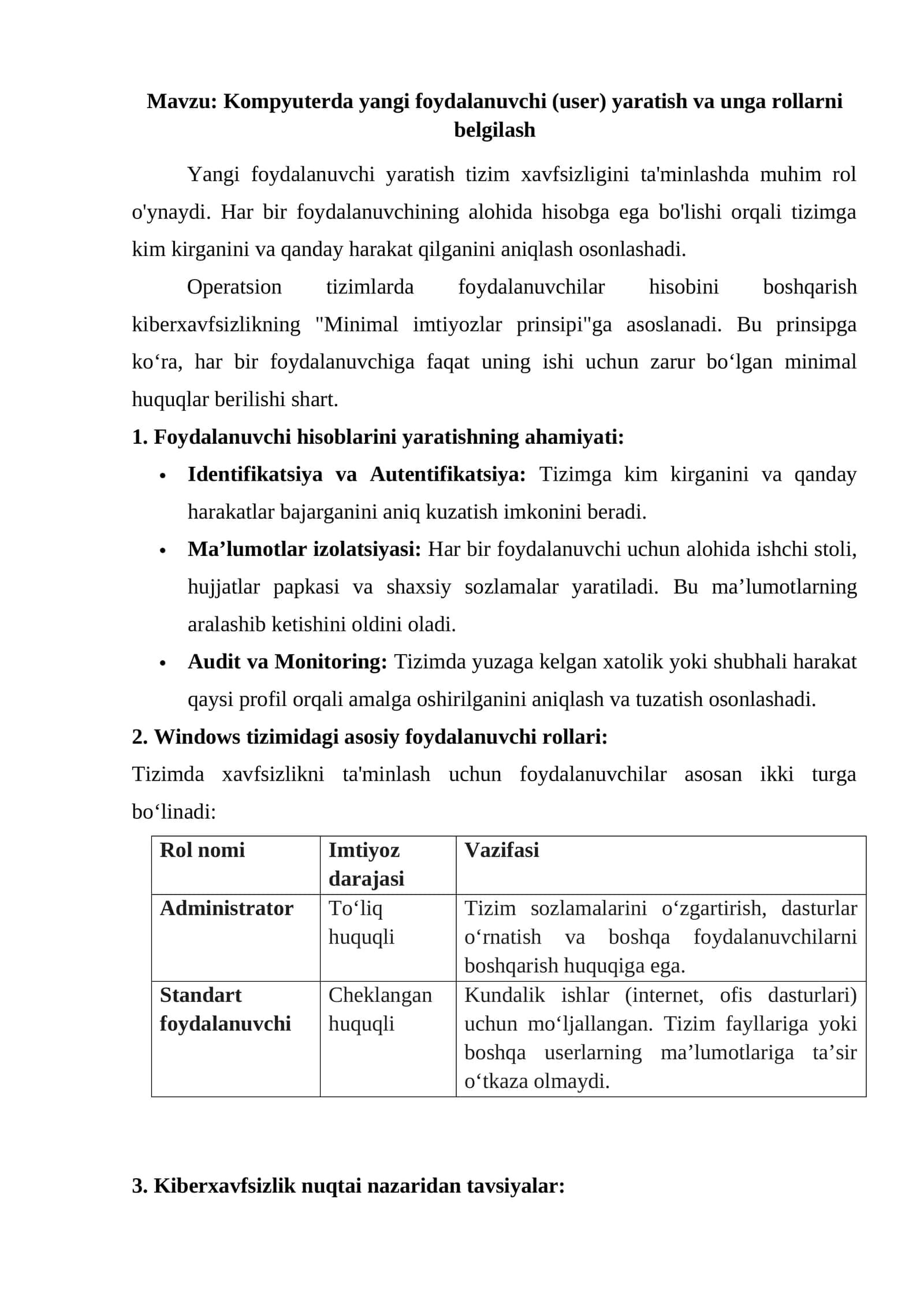 Kompyuterda yangi foydalanuvchi (user) yaratish va unga rollarni belgilash 1