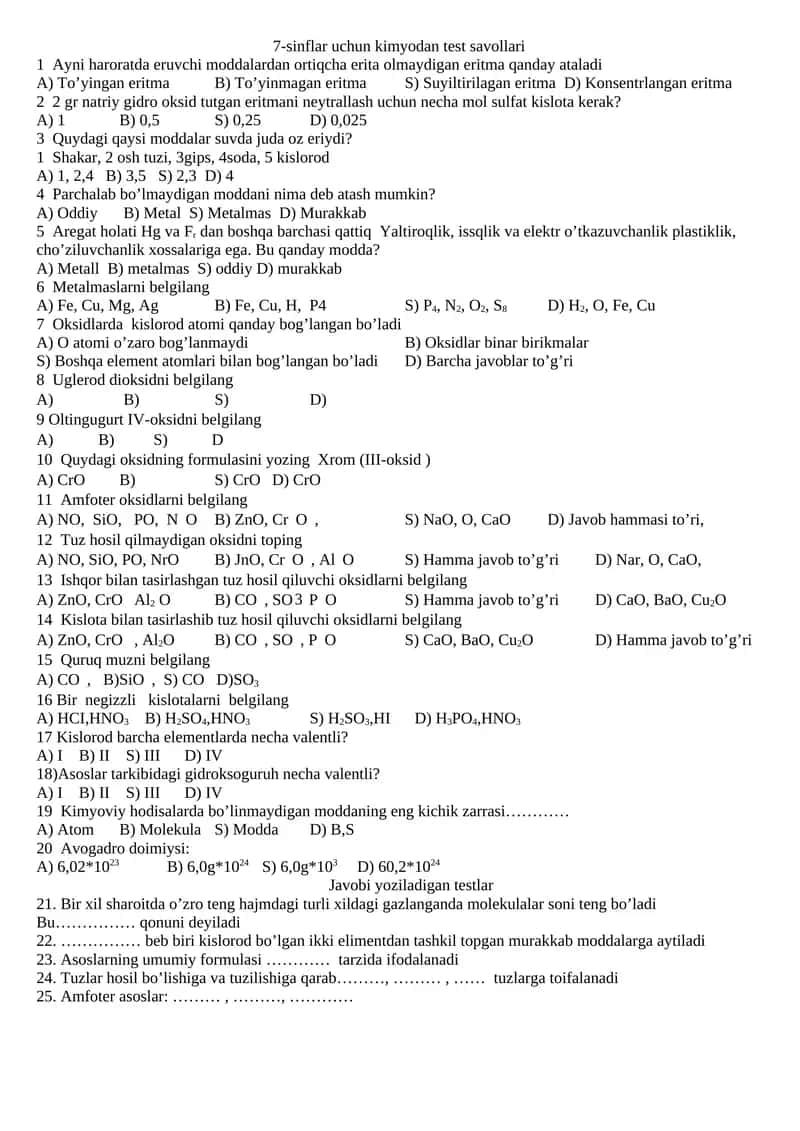 7-sinflar uchun kimyodan test savollari 1