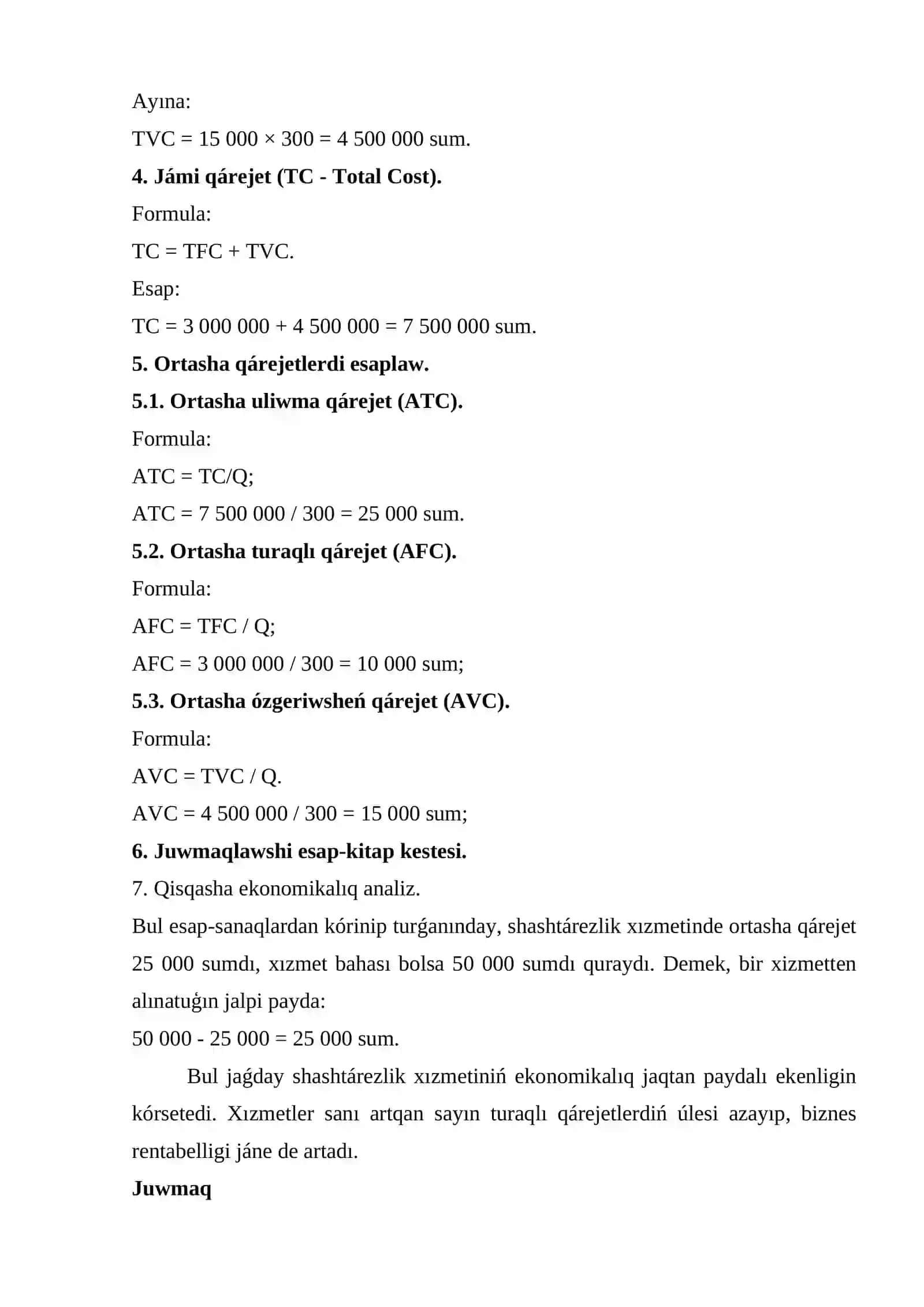 Shashtárezlik xızmetinde qárejetlerdi esaplaw hám tallaw 2
