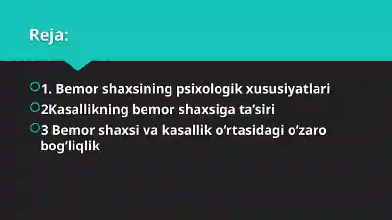 BEMOR SHAXSI VA KASALLIKNI BEMORGA TASIRI 2