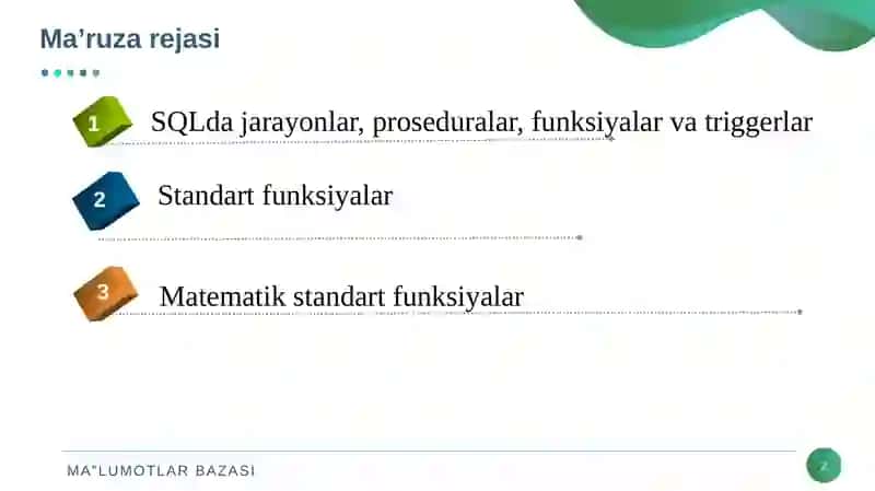 SQLda jarayonlar va standart funksiyalar 2