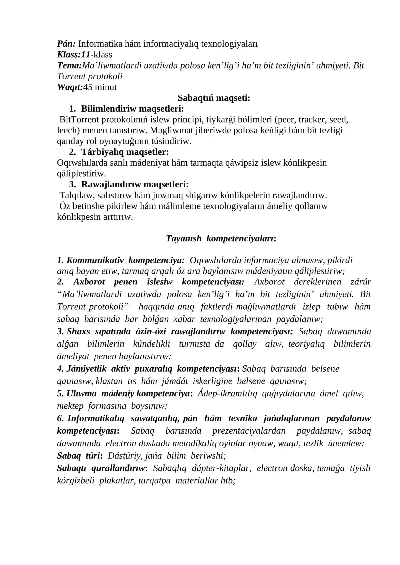 Ma’liwmatlardi uzatiwda polosa ken’lig’i ha’m bit tezliginin’ ahmiyeti. Bit Torrent protokoli 2