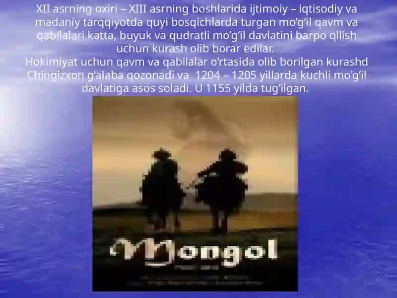 XIII – ASRNING BOSHI  - XIV ASRNING I – YARMI CHINGIZXON BOSHLIQ MO’GI’L DAVLATINING TASHKIL TOPISHI 2
