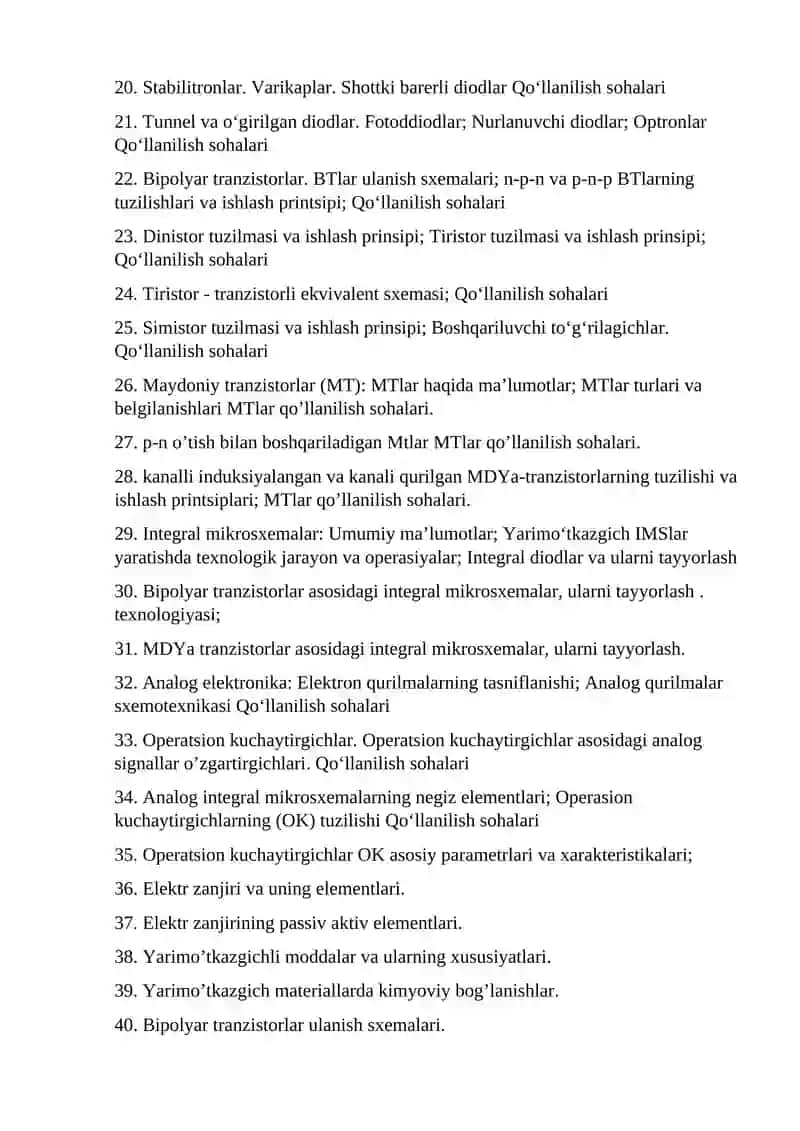 Elektronika va sxemalar Fanidan 20 Ballik Oraliq nazorat Savollari 2