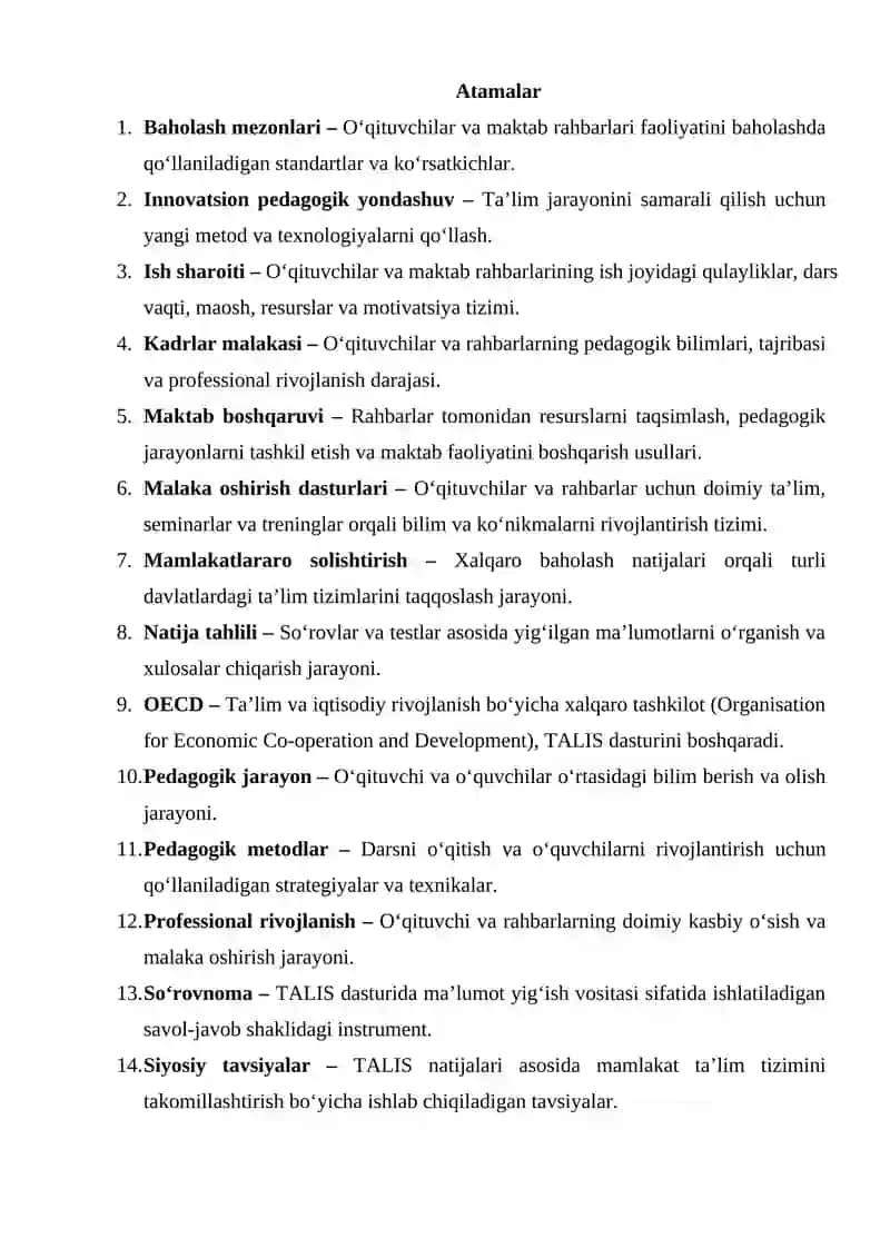 "TALIS xalqaro baholash dasturi mazmun va mohiyati" glossariy 2