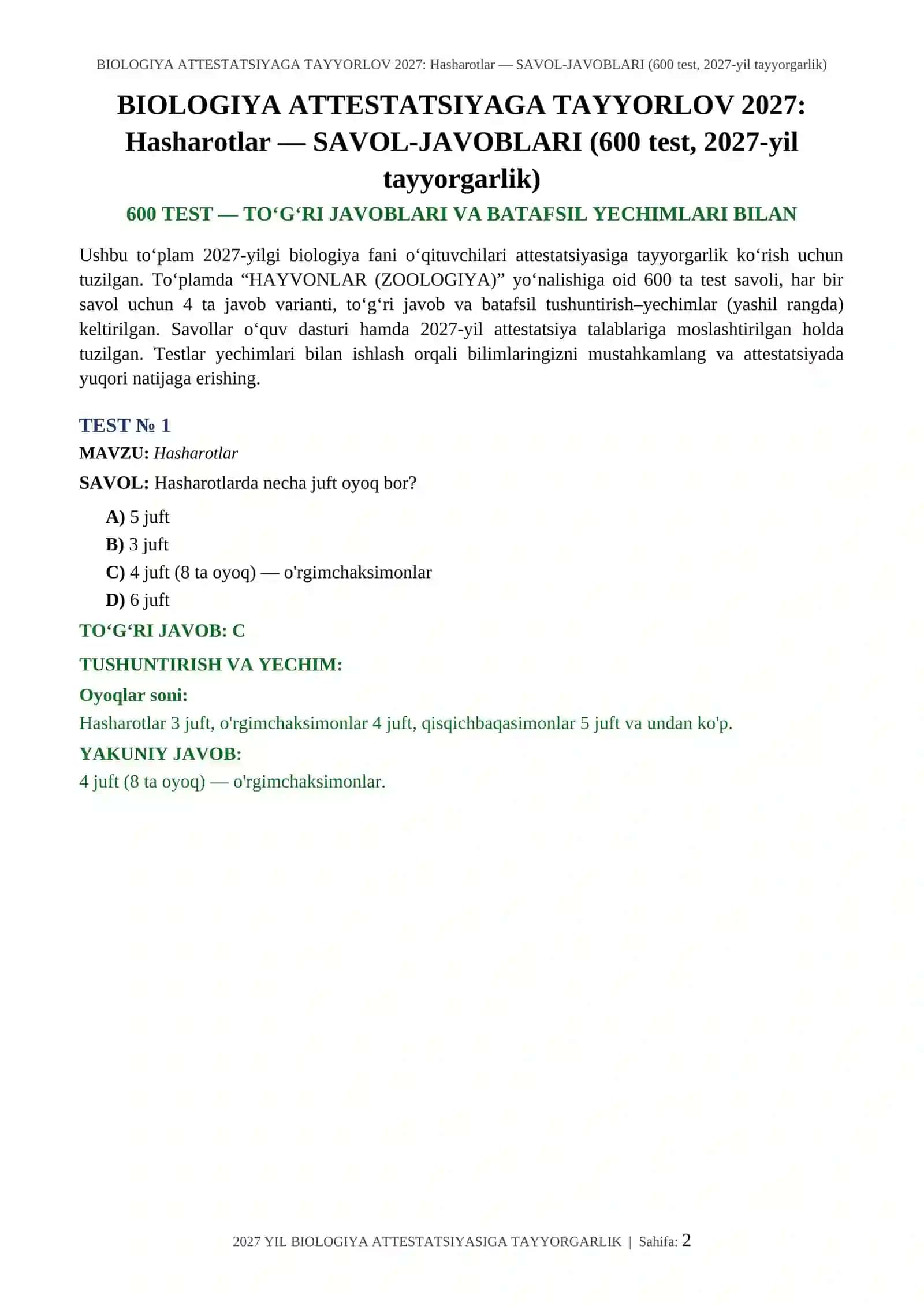 BIOLOGIYA ATTESTATSIYAGA TAYYORLOV 2027: Hasharotlar — SAVOL-JAVOBLARI (600 test, 2027-yil tayyorgarlik) 2