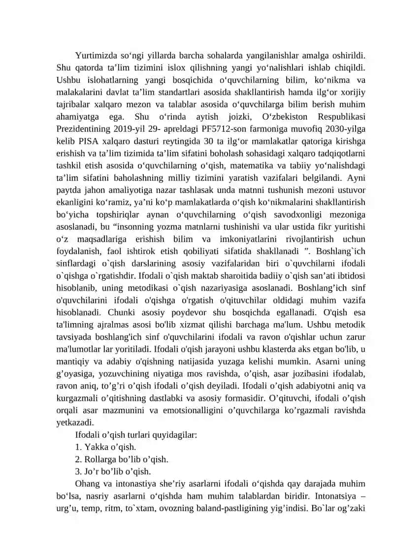 Ifodali o’qish haftaligi reja 2
