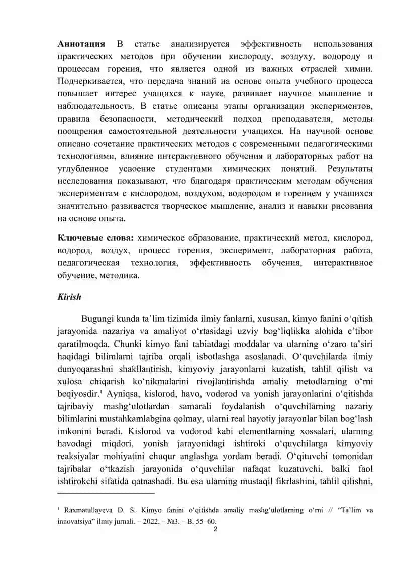 Kimyo fanining kislorod, havo, vodorod va yonish jarayonlarini o‘qitishda amaliy metodlar 2