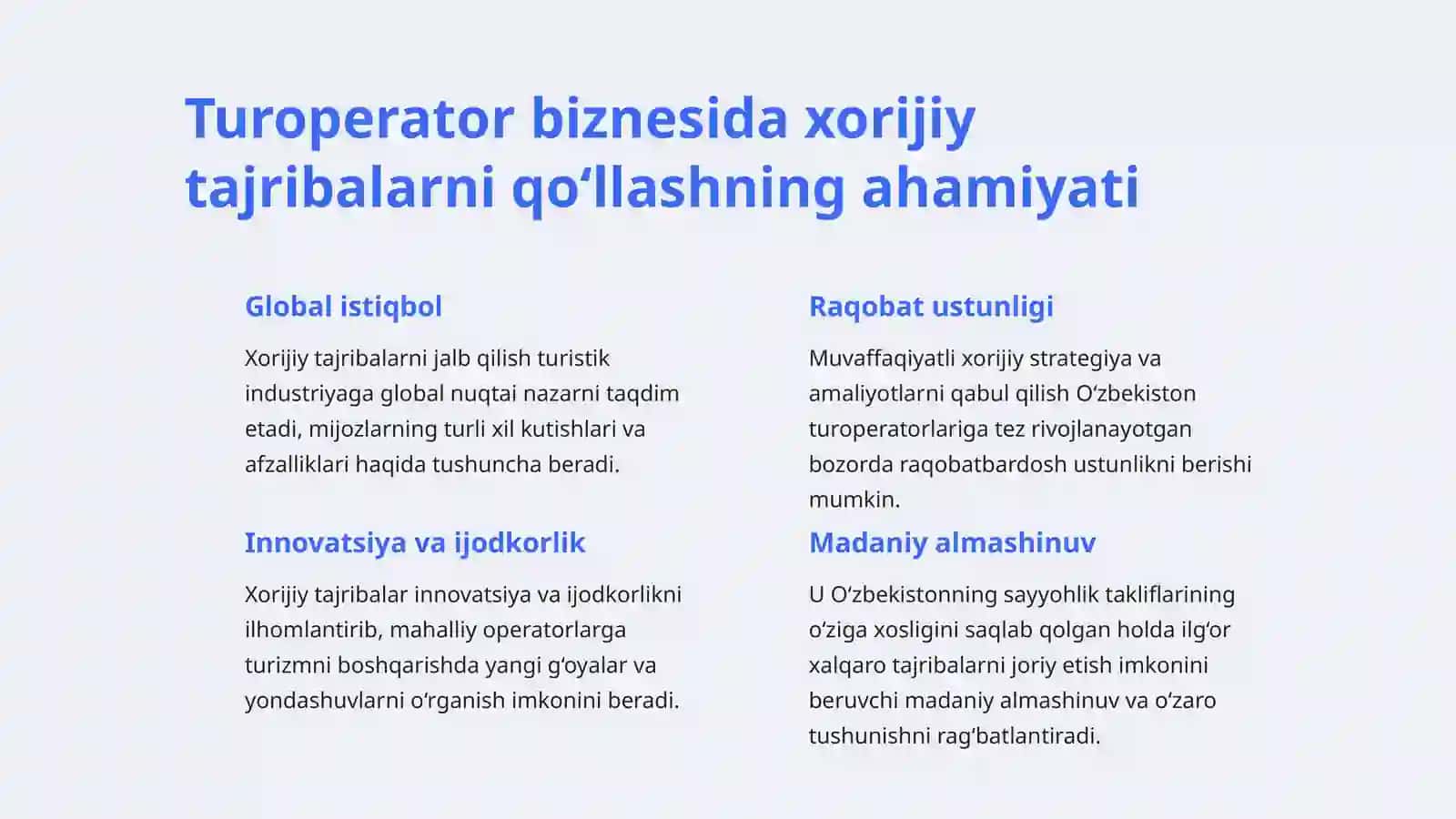 O‘zbekistonda turoperator biznesini rivojlantirishda xorijiy tajribalarni qo‘llash usullari 2