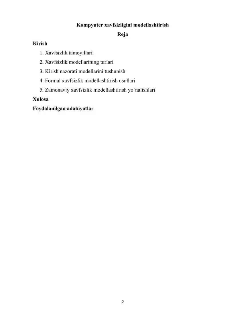 Mavzu: Kompyuter xavfsizligini modellashtirish 2