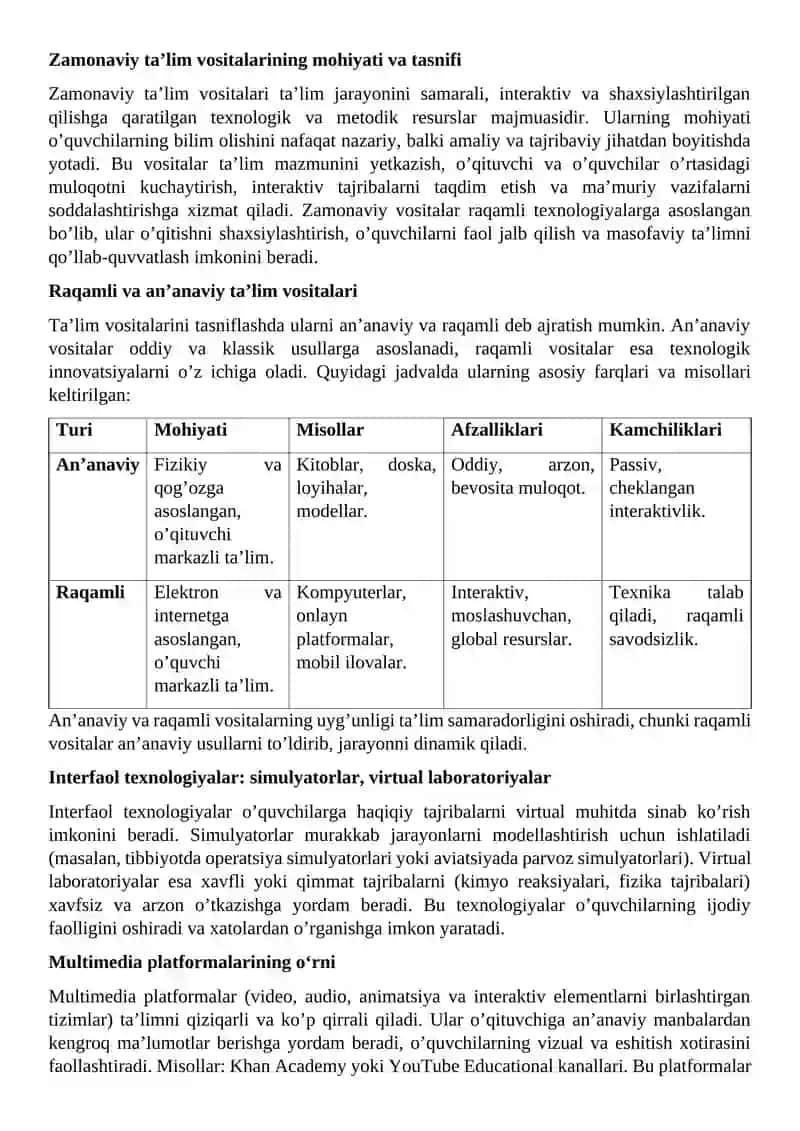 Zamonaviy ta’lim vositalarining turlari va o’quv jarayonida ta’lim vositalaridan foydalanish metodikasi bilan tanishish 2