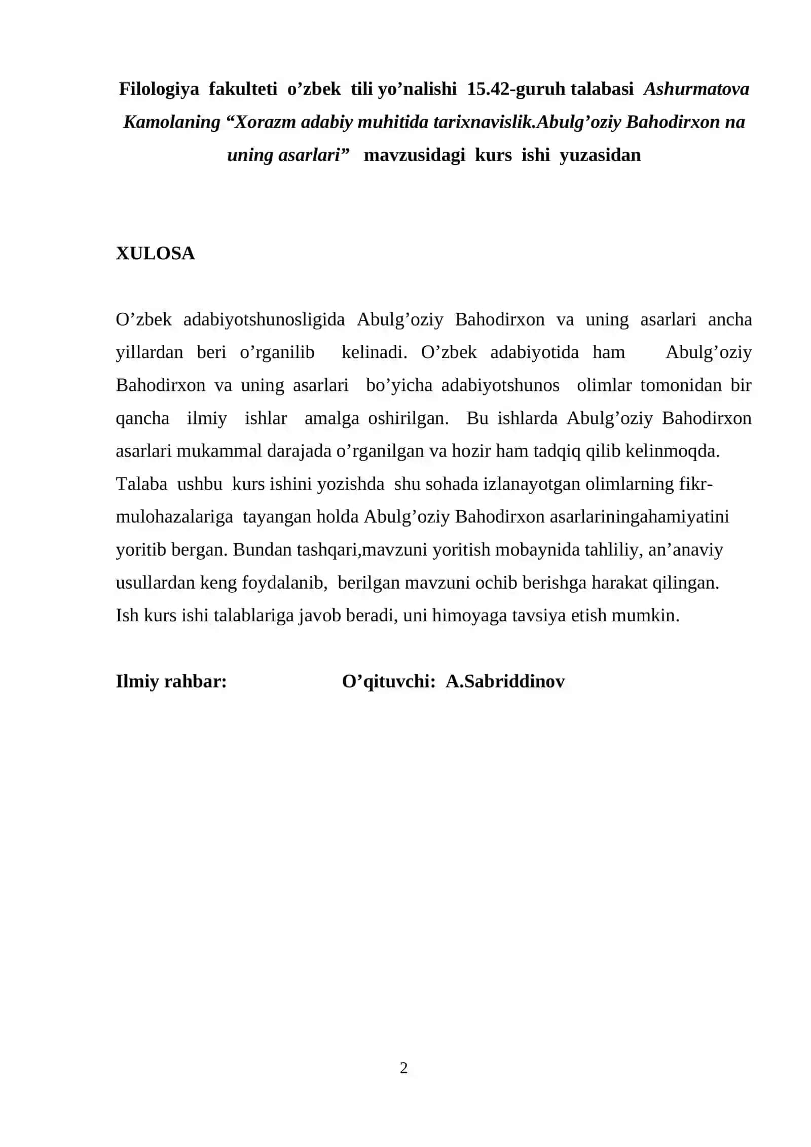 Xorazm adabiy muhitida tarixnavislik.Abulg’oziy Bahodirxon va uning asarlari 2