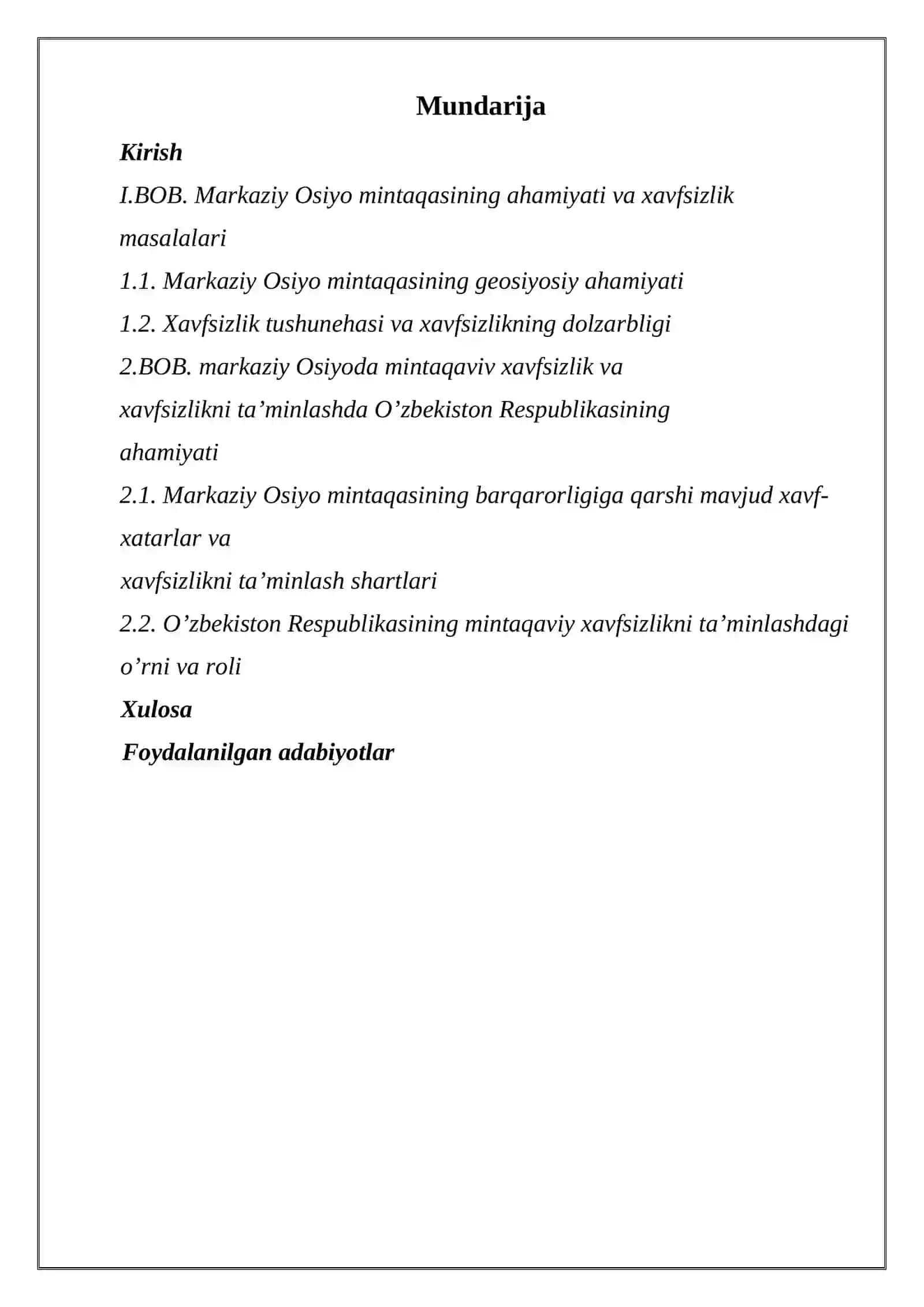 “MARKAZIY OSIYODA MINTAQAVIY XAVFSIZLIK MASALALARI” MAVZUSIDAGI KURS ISHI 2