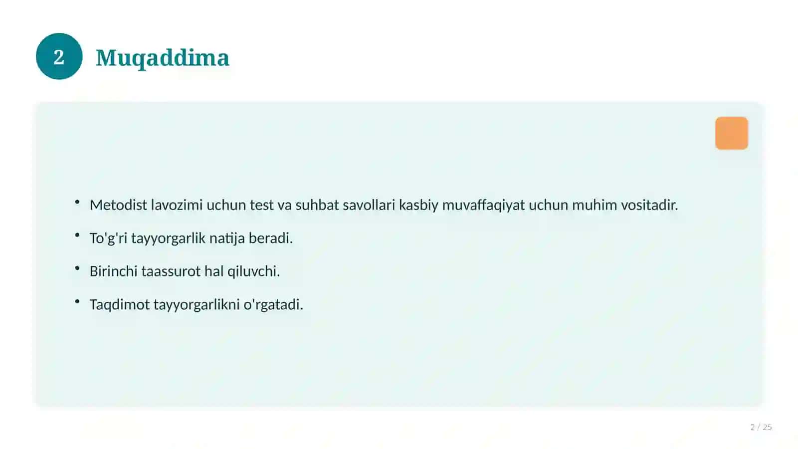 Metodist lavozimi uchun test va suhbat savollari 2