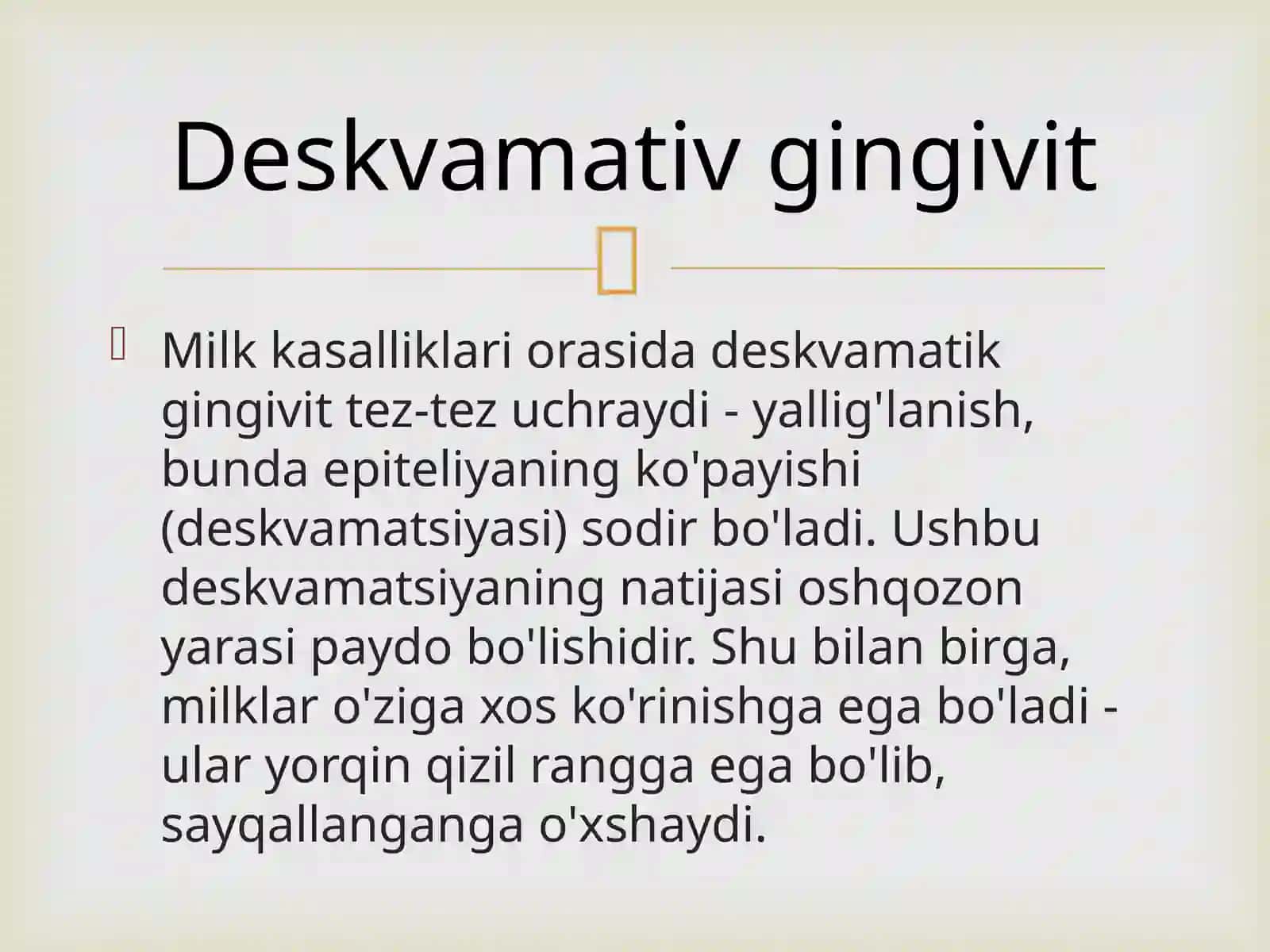 Deskvamativ gingivitlarni klinikasi,diagnostikasi qiyosiy tashxisi, davolash, profilaktikasi. Kasallik tarixini yozish. 2