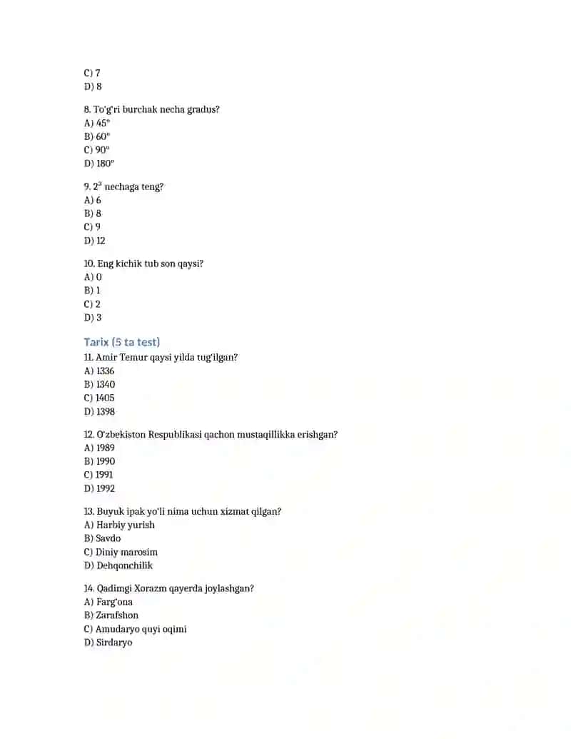 DTM majburiy 3 fan (ona tili, matematika, tarix) bo‘yicha 15 talik test Word faylda 1-namuna. 2