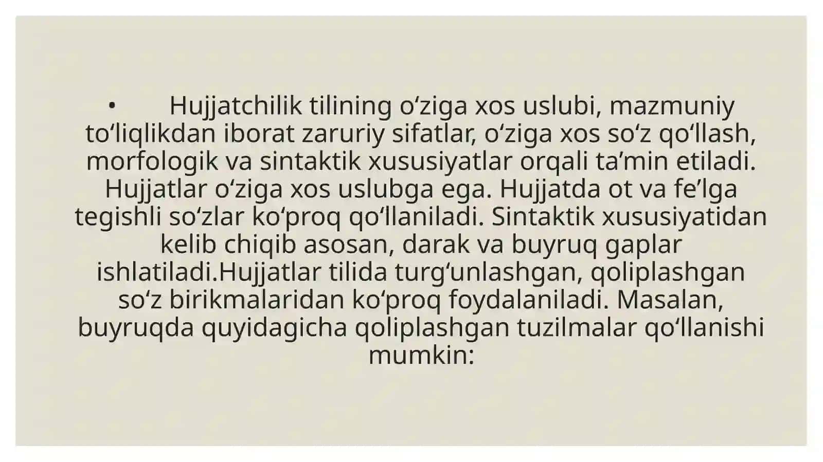 O‘ZBEK TILI SOHADA QÒLLANISHI FANIDAN TAYYORLAGAN TAQDIMOTI 2