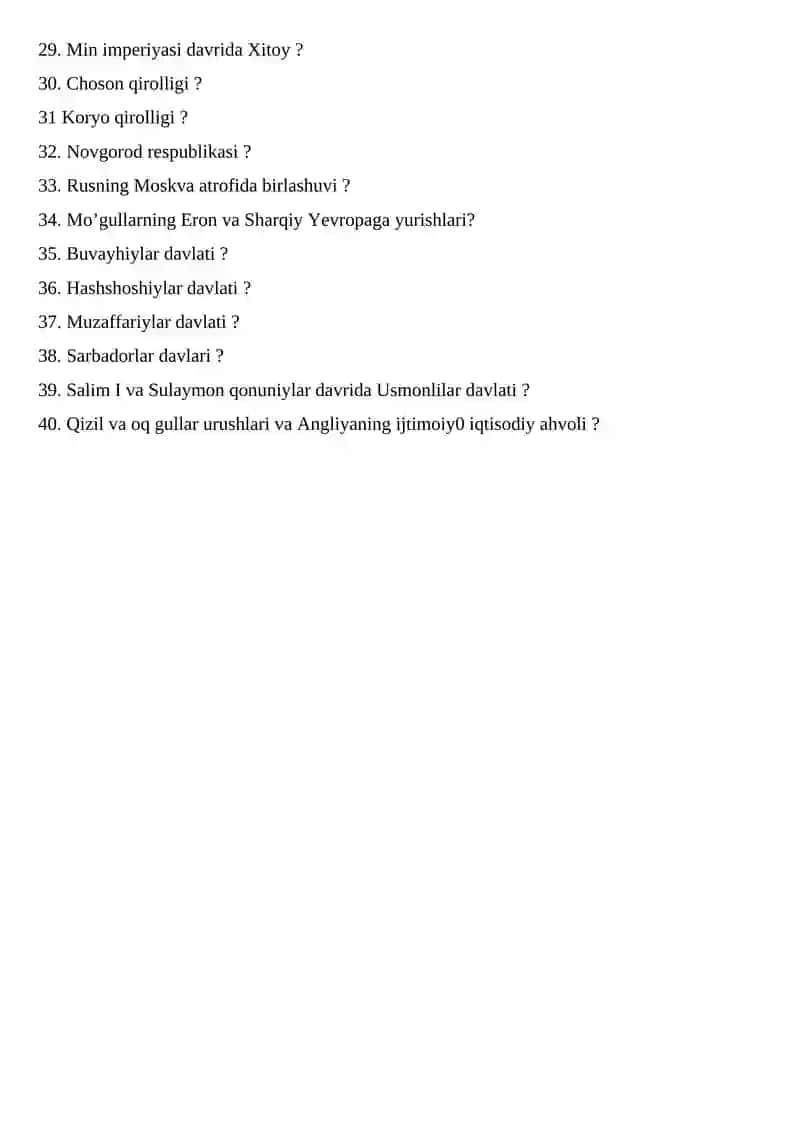 SAVOLLAR: II –kusrlar uchun orali nazorat. 2