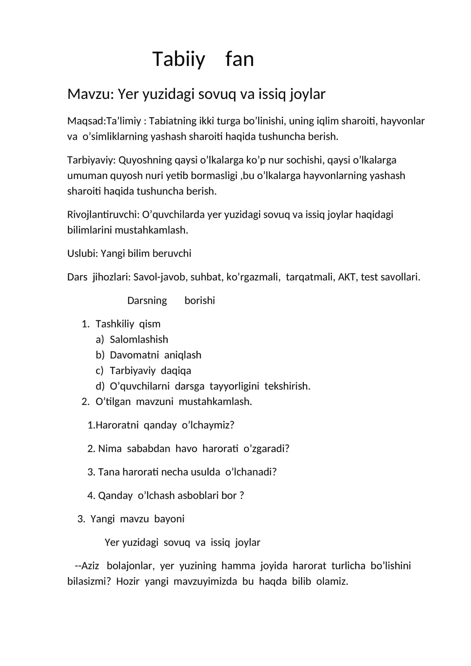 2-sinf Tabiiy fan (Science) Yer yuzidagi sovuq va issiq joylar dars ishlanma 2